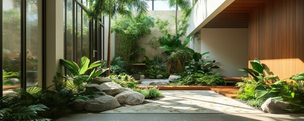 Fototapeta premium Modern indoor garden with natural light and lush greenery in urban home