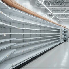 Empty supermarket shelves, sterile white interior, long aisle perspective, fluorescent lighting, industrial ceiling, barren retail space, grocery store apocalypse, eerie atmosphere, economic crisis, p