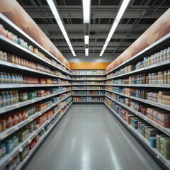 Supermarket aisle, wide perspective, fluorescent lighting, long shelves, rows of products, symmetrical composition, clean and organized, cool tones, depth of field, grocery store interior, 