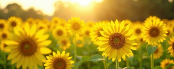 Obraz premium Field of tall yellow flowers with soft focus and warm lighting effect, sunshine, sunflowers, bright light