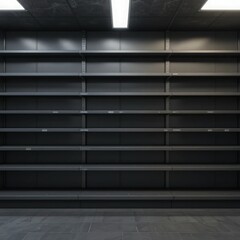 dark industrial shelving, empty warehouse storage, minimalist interior, concrete floor, harsh overhead lighting, monochromatic gray, abandoned retail space, dystopian atmosphere, stark shadows, geomet