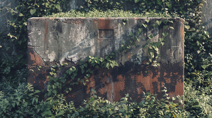 Abandoned War Bunker: A close-up of an abandoned war bunker, its rusting exterior overtaken by vegetation, symbolizing the forgotten remnants of war.