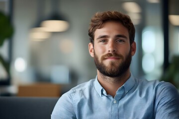 Obraz premium A young man with a beard and short hair is smiling, sitting in a modern indoor setting with soft lighting. Concept Modern Indoor Environment, Soft Lighting, Happy Expressions, Casual Attire