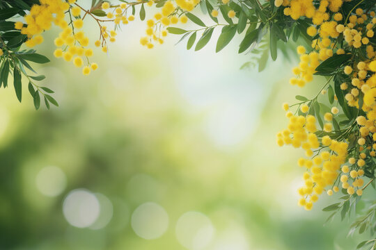 Beautiful branch of blooming mimosa on the right on a blurred green background. Minimalism, spring banner. Postcard for International Women's Day