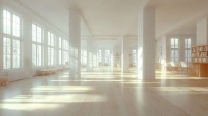 Sun-drenched, spacious, white loft interior with sunlight streaming through large windows