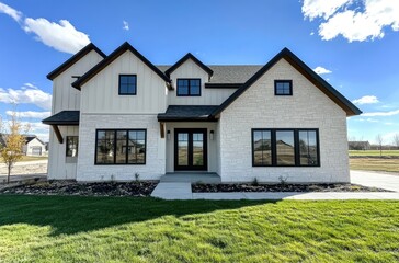 A white stone and wood modern farmhouse with a dark roof, tan accents, large windows