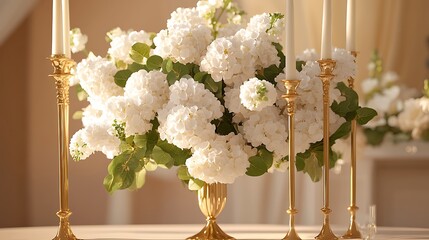Classic wedding centerpiece with white hydrangeas and tall gold candelabras, displayed on a subtle cream background