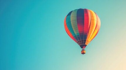 Obraz premium Colorful hot air balloon flying in a clear blue sky background. Retro color filter, 35mm film look, photorealistic