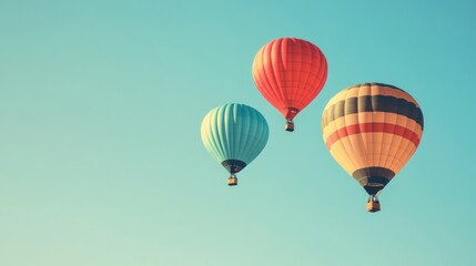 Obraz premium Colorful hot air balloons flying in a clear blue sky. The concept of travel, adventure, and the romanticism of flight