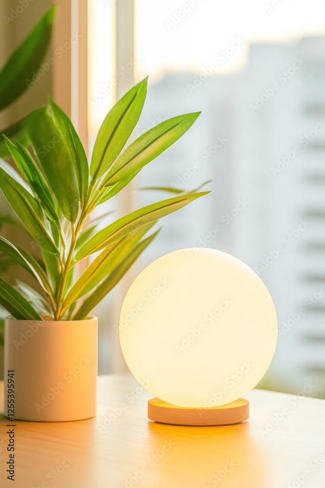 Poster scandinavian workspace design minimalist white ceramic planter and soft globe lamp for professional 
