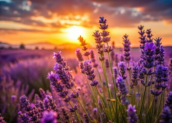 Fototapeta premium Lavender fields ablaze, sun dips low, painting a serene horizon. Macro photography captures the tranquil sunset.