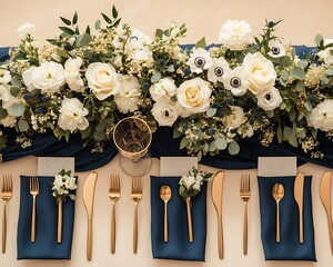 Elegant wedding table setup with navy blue linens, gold flatware, and ivory floral centerpieces, styled on a warm cream background
