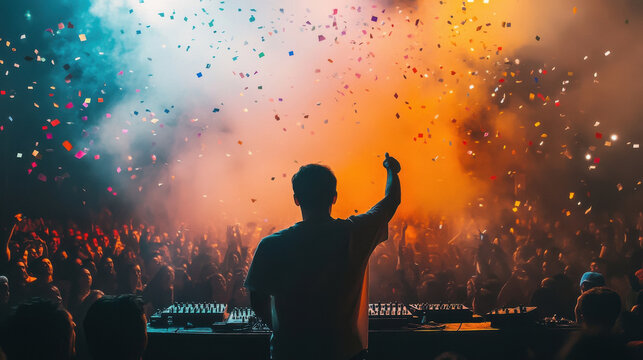 Cheering crowd in front of bright colorful stage lights
