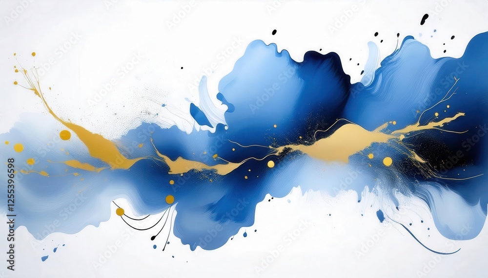 Poster dynamic blue and gold abstract flow with splatter highlights for modern interiors and artistic wall 