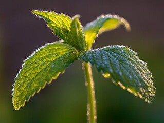 Biophilic Restoration Detailed Green Sapling Leaves with Morning Dew in Golden Light Sustainable Forest Branding and Eco-Conscious Landscape Design