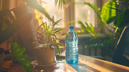 Ergonomic home office setup with plants, water bottle, and comfortable seating, fostering productivity and well-being.