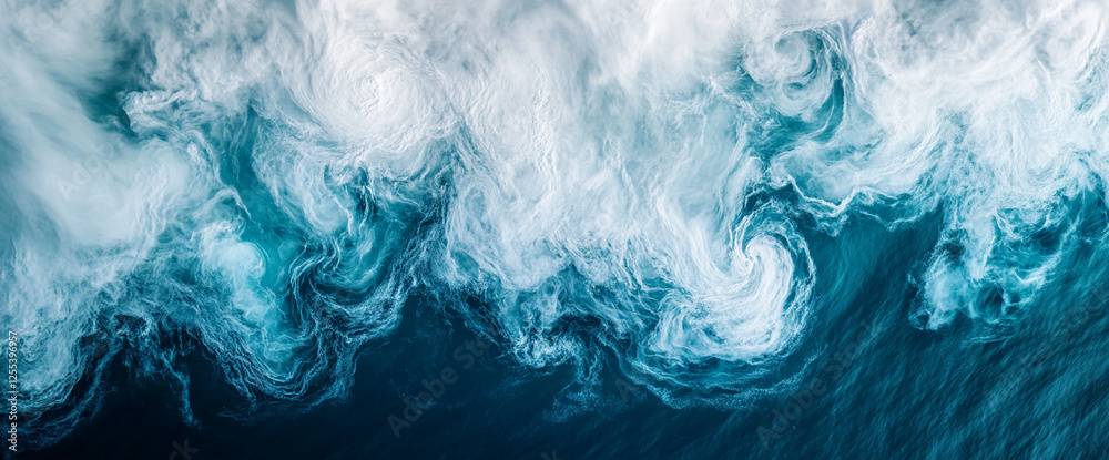 Poster aerial view of swirling ocean waves with foam and movement, capturing the dynamic power and beauty o