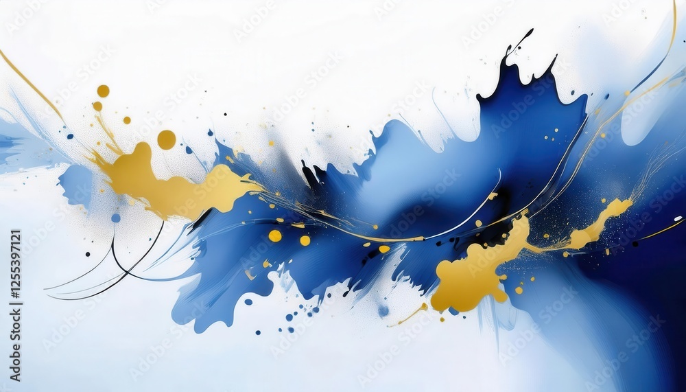 Aufkleber dynamic blue and gold abstract flow with splatter highlights for modern interiors and artistic wall 