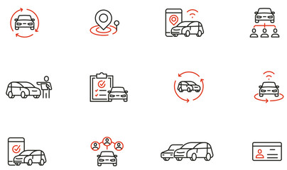 Vector Set of Linear Icons Related to city transport for smart urbanization, modern urban mobility, carsharing, sustainable transport. Mono line pictograms and infographics design elements