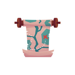 Ancient game map parchment roll with the path to the marked destination, old paper scroll on wooden hub vector flat icon