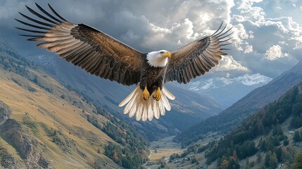 Majestic Bald Eagle Soaring Above Mountain Valley Landscape