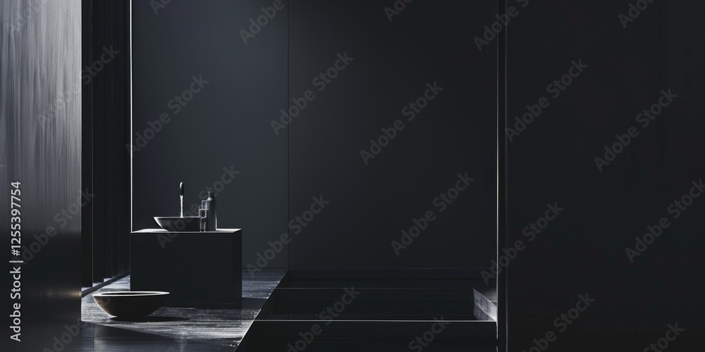 Poster a sophisticated minimalist layout with a deep black background, clean edges and high contrast, luxe 