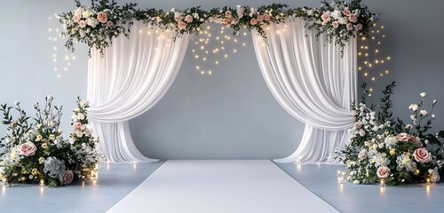 Grand wedding entrance decorated with white drapes, fairy lights, and floral arrangements, set against a light gray background