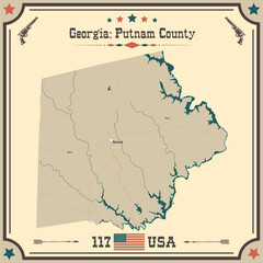 Large and accurate map of Putnam County, Georgia, USA with vintage colors.