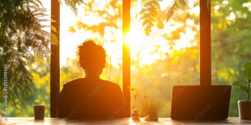 Poster sunlit workspace modern hybrid learning in a bright co-working environment with natural textures - e