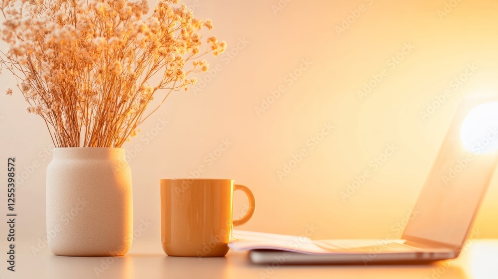 Poster scandinavian hybrid learning minimalist workspace with laptop and tea for e-learning - educational w