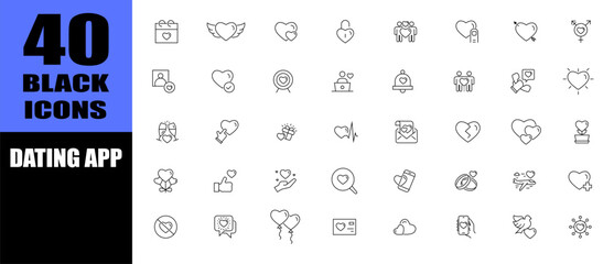Love, friendship, care and charity concept. Dating app black icons.