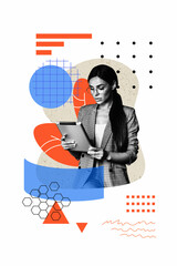 Exclusive image vertical photo collage of serious businesswoman freelancer hold tablet success development aim achievement