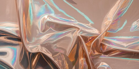 Fototapeta premium Iridescent Elegance: Crumpled Reflective Fabric. A captivating image of crumpled iridescent fabric, showcasing shimmering reflections and vibrant colors.