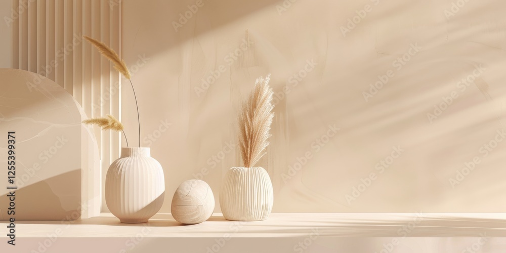 Poster A sophisticated minimalist scene with a muted honey beige background, Linear patterns and soft textures, Minimalist editorial style