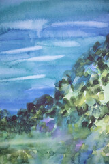 Vague greenery hilltop on water surface in morning haze landscape. Wet smudges brush strokes watercolor effect.