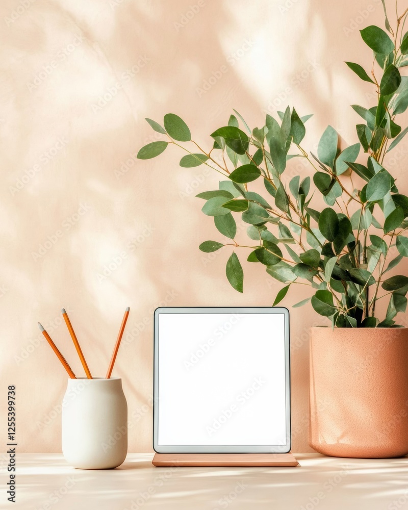 Poster Minimalist EdTech Display Digital Tablet with Stylus on Elegant Beige Table - Modern Learning Tools and Workspace Design for Education Professionals