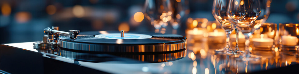 Turntable, Wine Glasses, and Candles on Reflective Surface