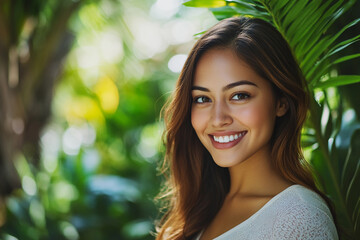 Fototapeta premium Smiling woman with natural backdrop in bright sunlight