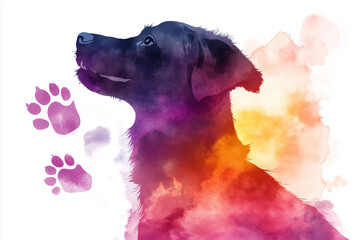 Robotic dog silhouette with vibrant watercolor paw prints representing innovative pet technology