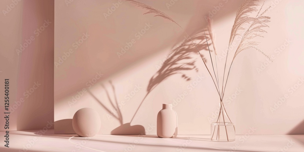 Poster a sophisticated minimalist scene with a muted salmon pink background, sparse geometric elements and 