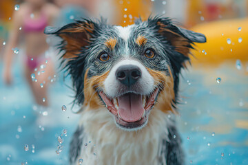 Close-up of an Australian Shepherd playing happily in a water park with children splashing in the background. Happy animal playing in the water, swimming season, summer. Advertising banner