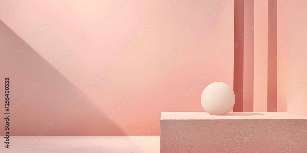Poster a sophisticated minimalist scene with a muted salmon pink background, sparse geometric elements and 