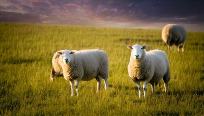 Obraz premium A charming sight of fluffy sheep scattered across a serene meadow, enjoying the fresh grass