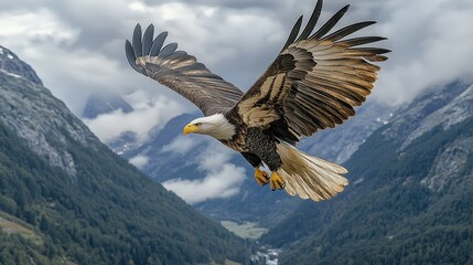 Obraz premium Majestic Bald Eagle Soaring Over Mountainous Terrain