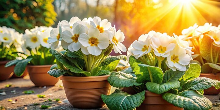 Panoramic spring blooms: vibrant white primula polyanthus in pots, a garden photographer's delight.