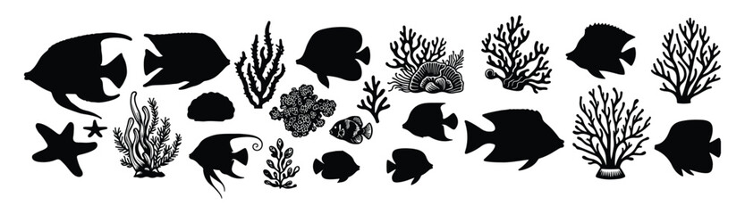 Set of sea corals and seaweed black silhouette. Aquarium plants , sea animal underwater ocean flora, algae. Vector illustration isolated on white background. ,Coral reef black silhouettes	