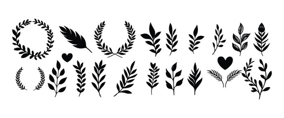 Set of leaves silhouette of beautiful plants, leaves, plant design. Vector illustration .Minimal feminine botanical floral branch in silhouette style. Hand drawn wedding herb, minimalistic flowers 