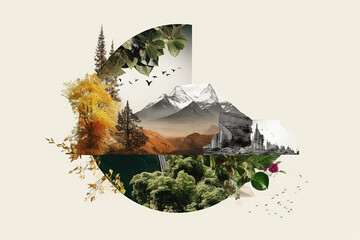 Creative Nature Collage Featuring Mountains, Forests, and Seasonal Landscapes