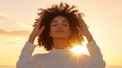 Sunset Serenity Yoga Afro-Latina Woman in Wool Sweater on Seaside - Mindful Wellness Imagery for Modern Health and Lifestyle Marketing