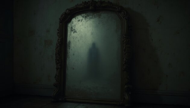 Eerie reflection capturing a mysterious figure in an antique mirror - Powered by Adobe